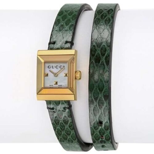 Gucci G Frame Double Mother of Pearl Dial Green Leather Strap Watch For Women - YA128525