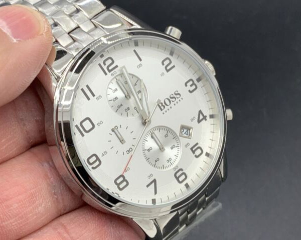 Hugo Boss Aeroliner Chronograph White Dial Silver Steel Strap Watch For Men - 1512445