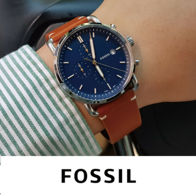 Fossil The Commuter Blue Dial Brown Leather Strap Watch for Men - FS5401