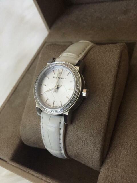 Burberry The City Diamonds Silver Dial White Leather Strap Watch for Women - BU9221