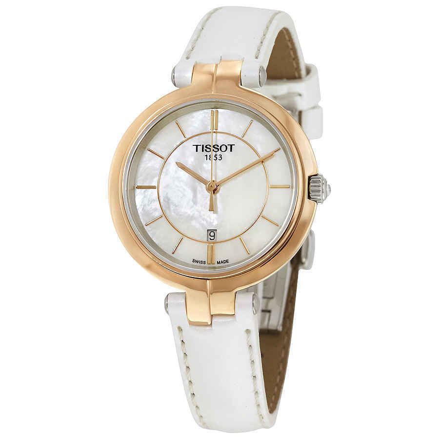 Tissot T Lady Flamingo Mother of Pearl White Dial White Leather Strap Watch For Women - T094.210.26.111.01