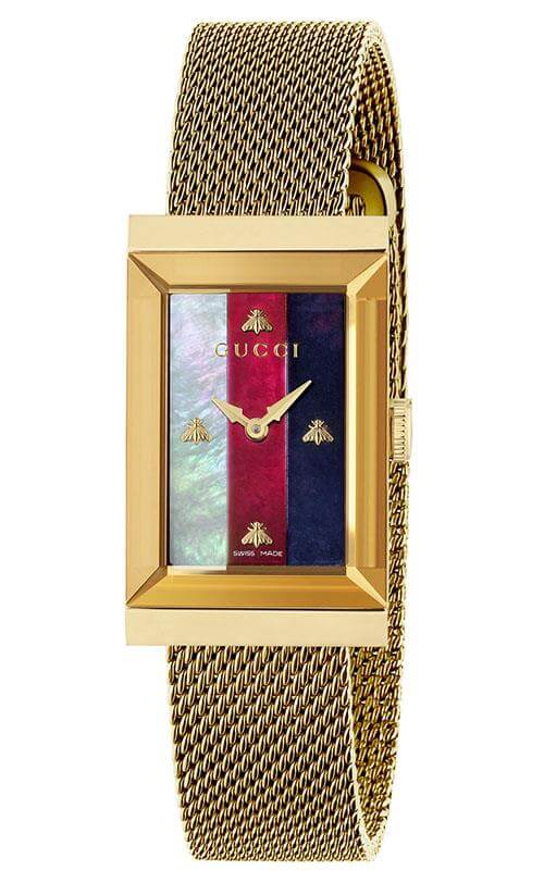Gucci G-Frame Mother of Pearl Dial Yellow Gold Mesh Bracelet Watch For Women - YA147410