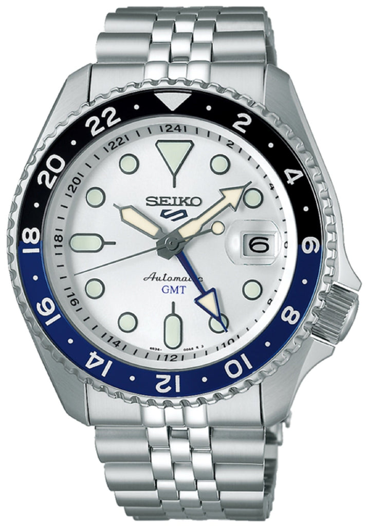 Seiko 5 Sports SKX GMT Automatic Sky Blue Dial Silver Steel Strap Watch For Men - SSK033K1