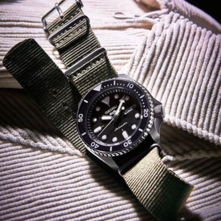 Seiko 5 Sport Automatic Black Dial Green Nylon Strap Watch For Men - SRPD65K4