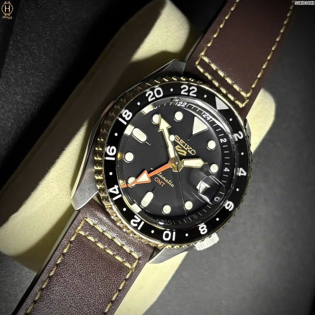 Seiko 5 Sports SKX GMT Automatic Mocha Black Dial Brown Leather Strap Watch For Men - SSK036K1