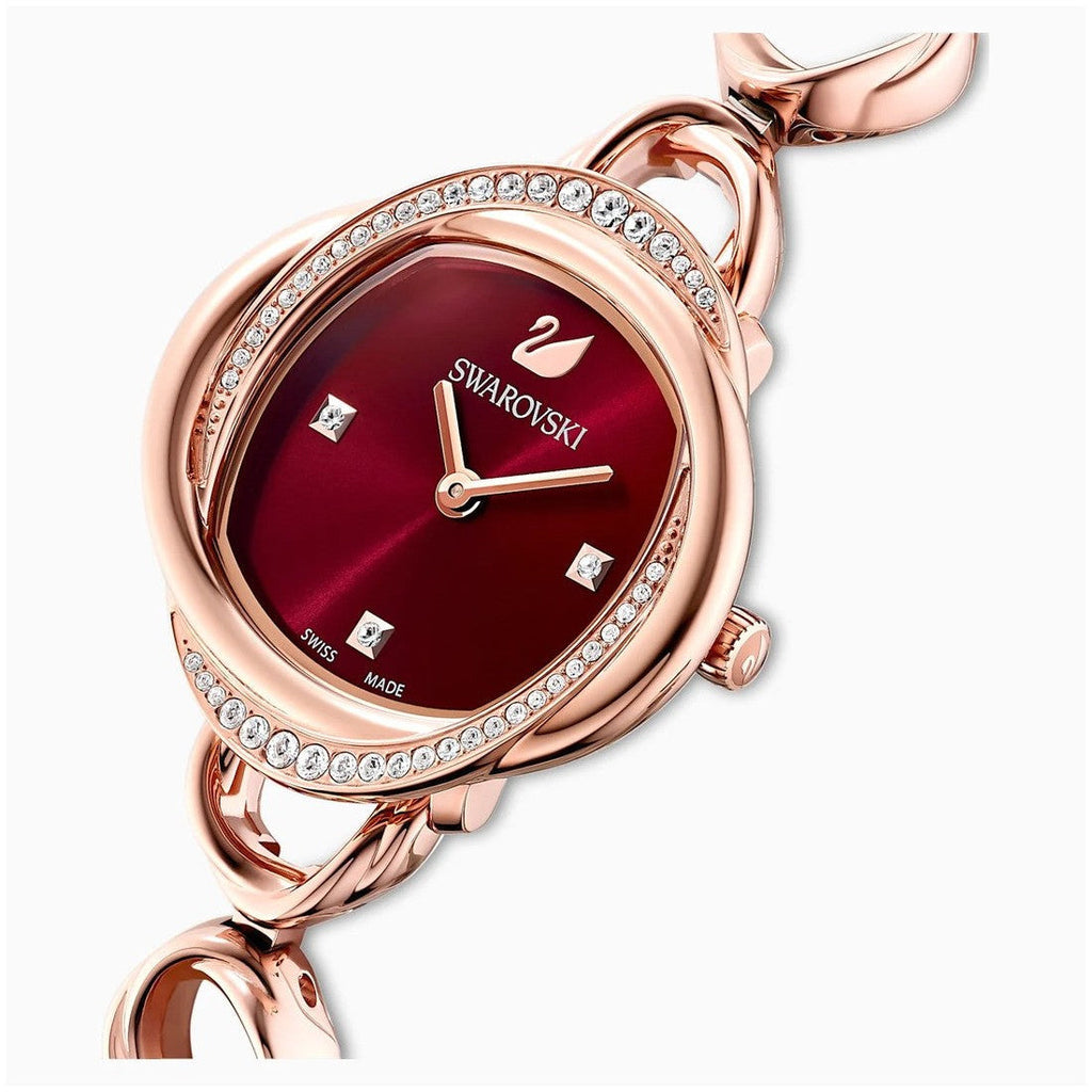 Swarovski Crystal Flower Red Dial Rose Gold Steel Strap Watch for Women - 5552783