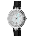 Tissot T Lady Flamingo Mother of Pearl White Dial Black Leather Strap Watch for Women - T094.210.16.111.00