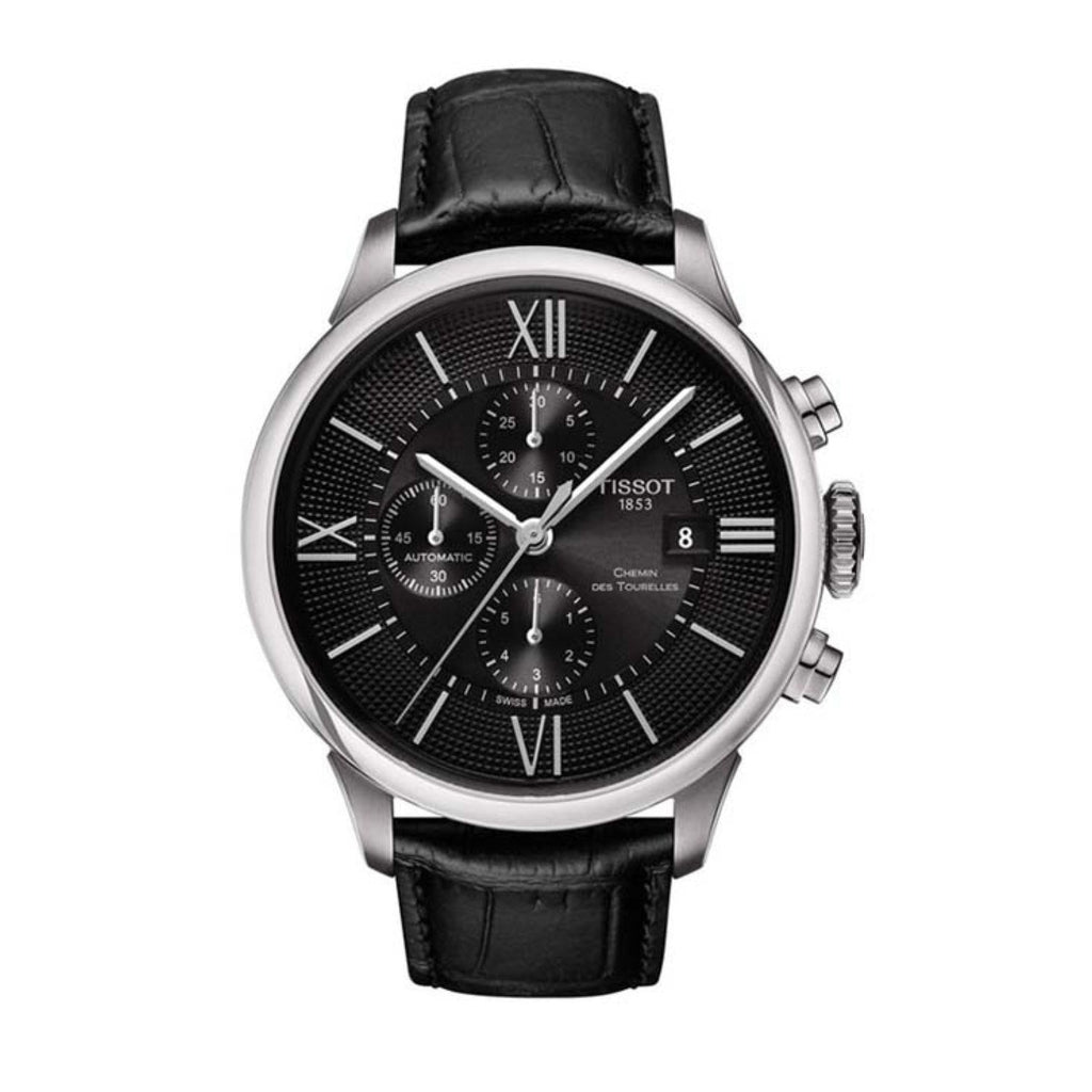 Tissot T Classic Chemin Des Tourelles Chronograph Black Dial Black Leather Strap Watch For Men - T099.427.16.058.00