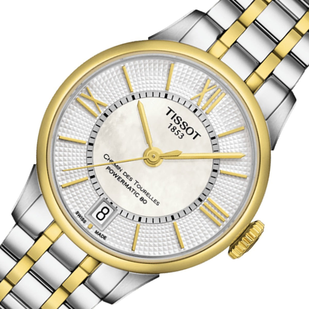 Tissot Chemin Des Tourelles Powermatic 80 Lady Mother of Pearl White Dial Two Tone Steel Strap Watch For Women - T099.207.22.118.00