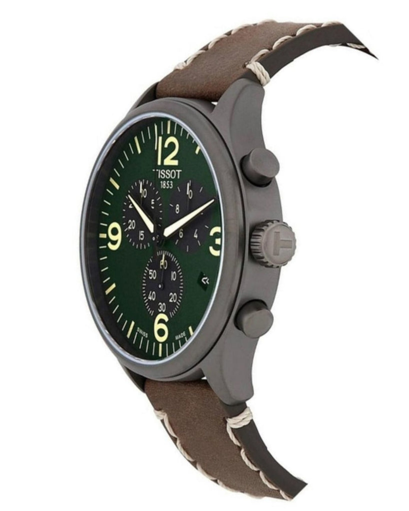 Tissot T Sport Chrono XL Green Dial Brown Leather Strap Watch For Men - T116.617.36.097.00