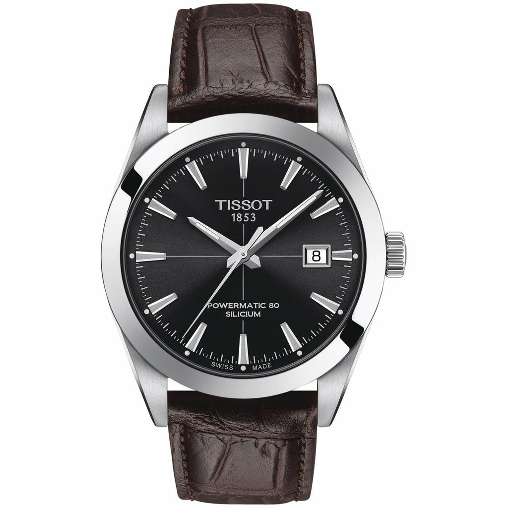 Tissot Gentleman Powermatic 80 Silicium Black Dial Brown Leather Strap Watch For Men - T127.407.16.051.01