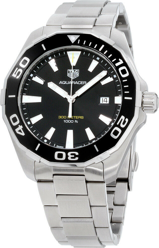 Tag Heuer Aquaracer Quartz Black Dial Silver Steel Strap Watch for Men - WAY101A.BA0746