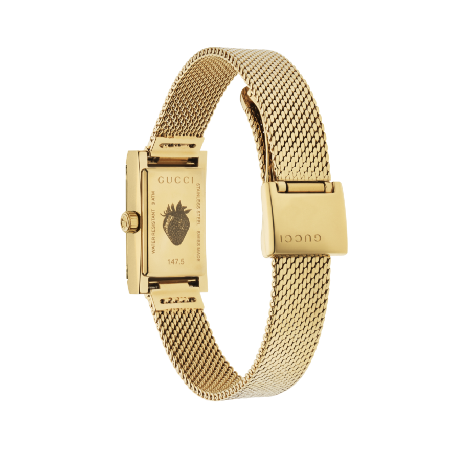 Gucci G Frame Quartz Diamonds White Red Blue Dial Gold Mesh Bracelet Watch For Women - YA147511