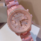 Michael Kors Ritz Chronograph Rose Gold Dial Rose Gold Steel Strap Watch For Women - MK6753