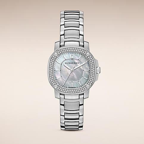 Burberry The Britain Diamonds Mother of Pearl Dial Silver Steel Strap Watch for Women - BBY1801