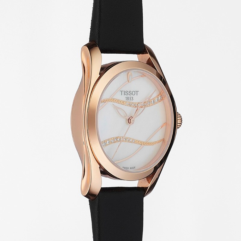 Tissot T Wave Diamond Mother of Pearl Dial Black Leather Strap Watch For Women - T112.210.36.111.00