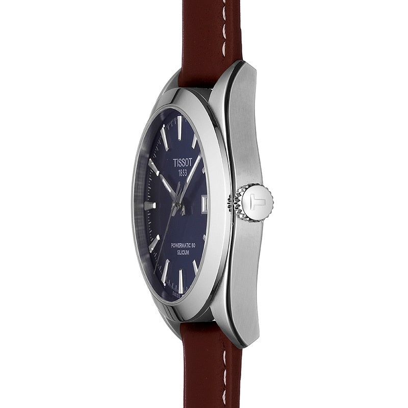 Tissot Gentlemen Powermatic 80 Silicium Blue Dial Brown Leather Strap Watch For Men - T127.407.16.041.00