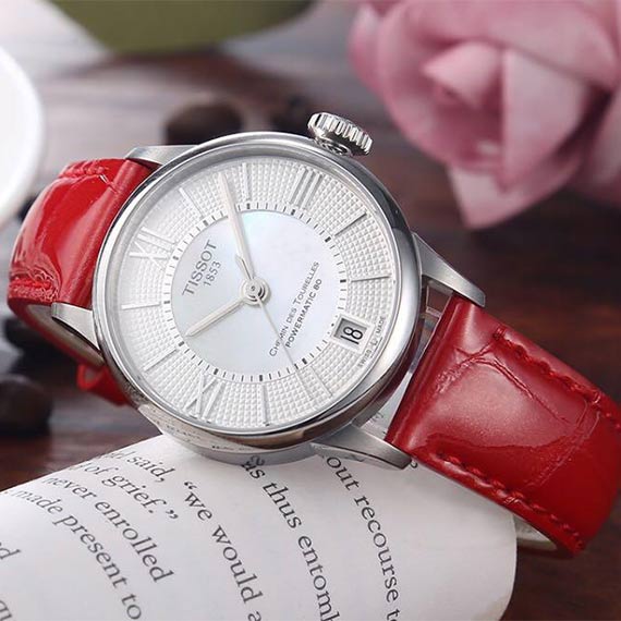 Tissot Chemin Des Tourelles Powermatic 80 Mother of Pearl White Dial Red Leather Strap Watch For Women - T099.207.16.118.00