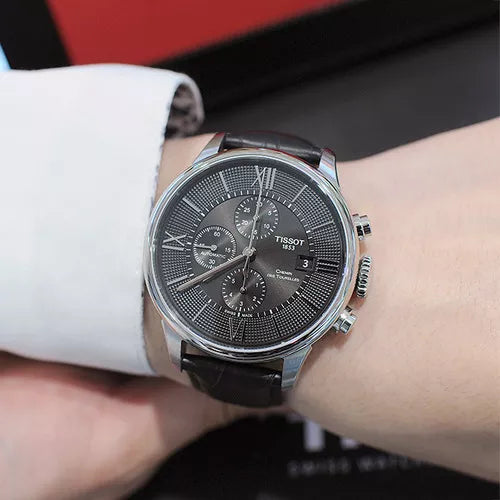 Tissot T Classic Chemin Des Tourelles Chronograph Black Dial Black Leather Strap Watch For Men - T099.427.16.058.00