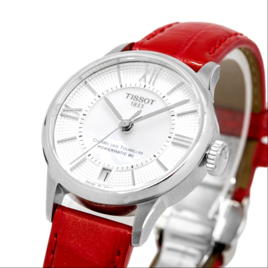 Tissot Chemin Des Tourelles Powermatic 80 Mother of Pearl White Dial Red Leather Strap Watch For Women - T099.207.16.118.00
