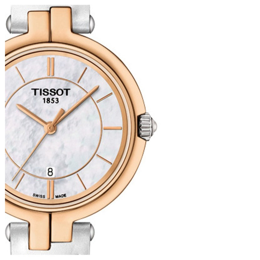 Tissot T Lady Flamingo Mother of Pearl White Dial White Leather Strap Watch For Women - T094.210.26.111.01