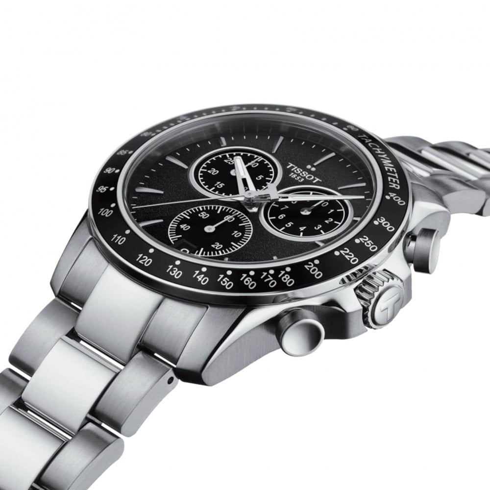 Tissot V8 Quartz Chronograph Black Dial Silver Steel Strap Watch For Men - T106.417.11.051.00