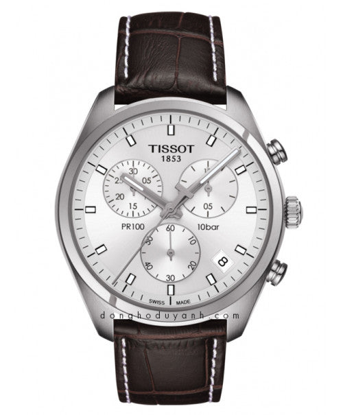 Tissot PR 100 Chronograph Silver Dial Brown Leather Strap Watch for Men - T101.417.16.031.00