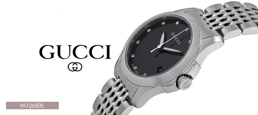 Gucci G Timeless Diamonds Mother of Pearl Black Dial Silver Steel Strap Watch For Women - YA126505