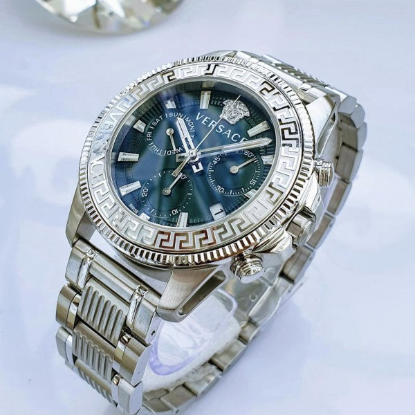 Versace Greca Action Chronograph Quartz Green Dial Silver Steel Strap Watch for Men - VE3J00422
