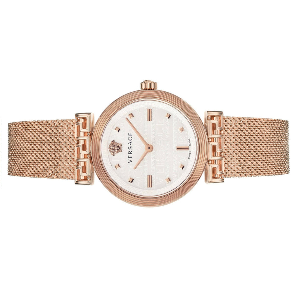 Versace Meander White Dial Rose Gold Mesh Bracelet Watch for Women - VELW00620