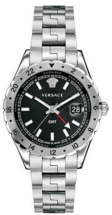 Versace Hellenyium GMT Black Dial Silver Steel Strap Watch for Men - V11020015