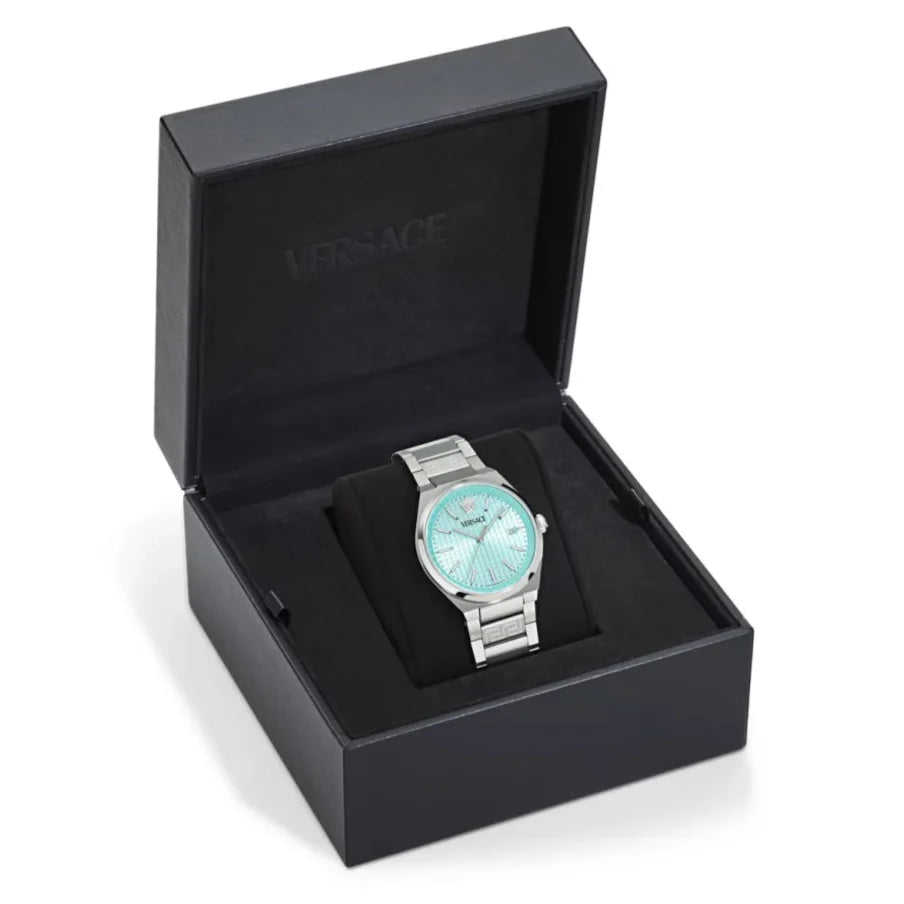 Versace V-Auria Quartz Turquoise Dial Silver Steel Strap Watch for Women - VE0F00225