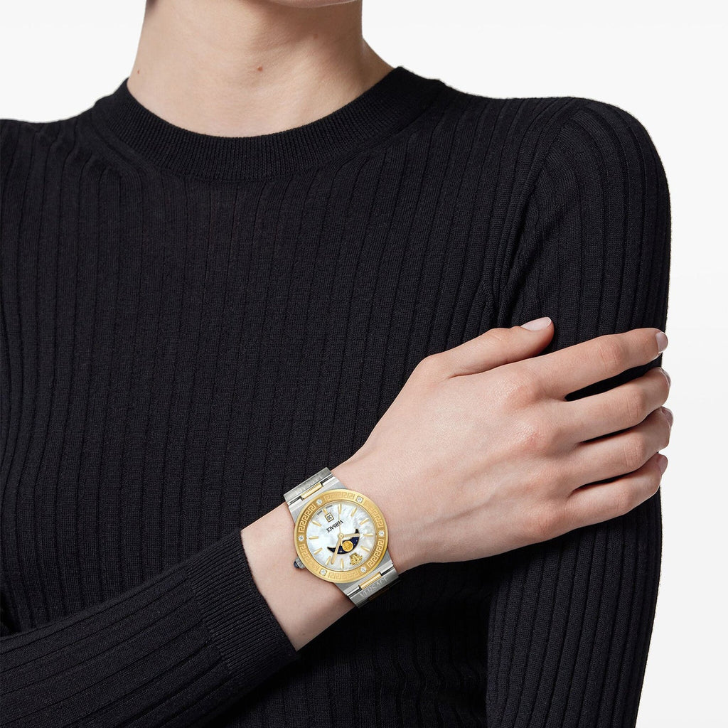Versace Greca Logo Moonphase Mother of Pearl Dial Two Tone Steel Strap Watch for Women - VE7G00524