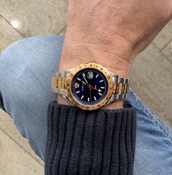 Versace Hellenyium GMT Blue Dial Two Tone Steel Strap Watch for Men - V11060017