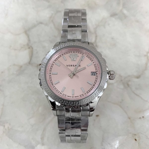 Versace Hellenyium Pink Dial Silver Steel Strap Watch for Women - V12010015