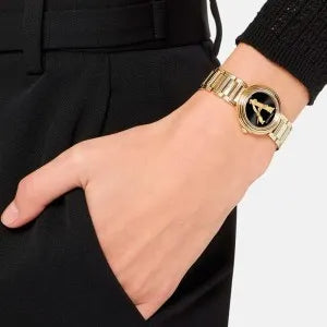 Versace V Virtus Quartz Black Dial Gold Steel Strap Watch For Women - VET300121