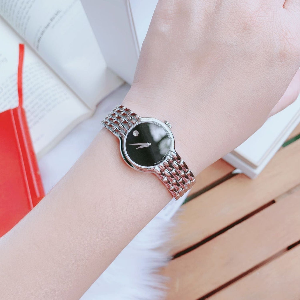 Movado Veturi Quartz Black Dial Silver Steel Strap Watch for Women - 0606338