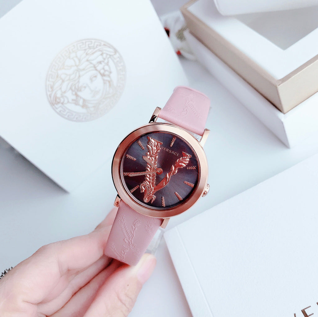 Versace Virtus Quartz Grey Dial Pink Leather Strap Watch for Women - VEHC00319