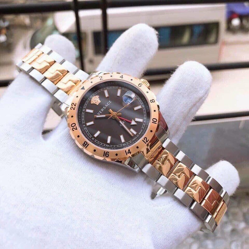 Versace Hellenyium GMT Black Dial Two Tone Steel Strap Watch for Men - V11040015