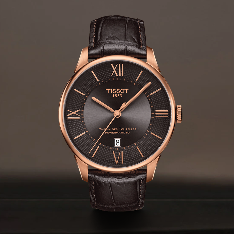 Tissot Chemin des Tourelles Powermatic 80 Brown Dial Brown Leather Strap Watch for Men - T099.407.36.448.00