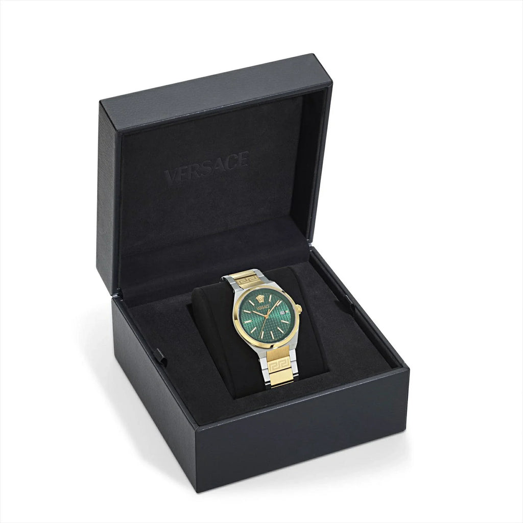 Versace V-Auria Quartz Green Dial Two Tone Steel Strap Watch for Men - VE0F00425