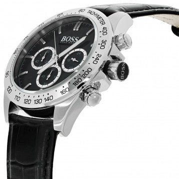 Hugo Boss Ikon Black Dial Black Leather Strap Watch for Men - 1513178