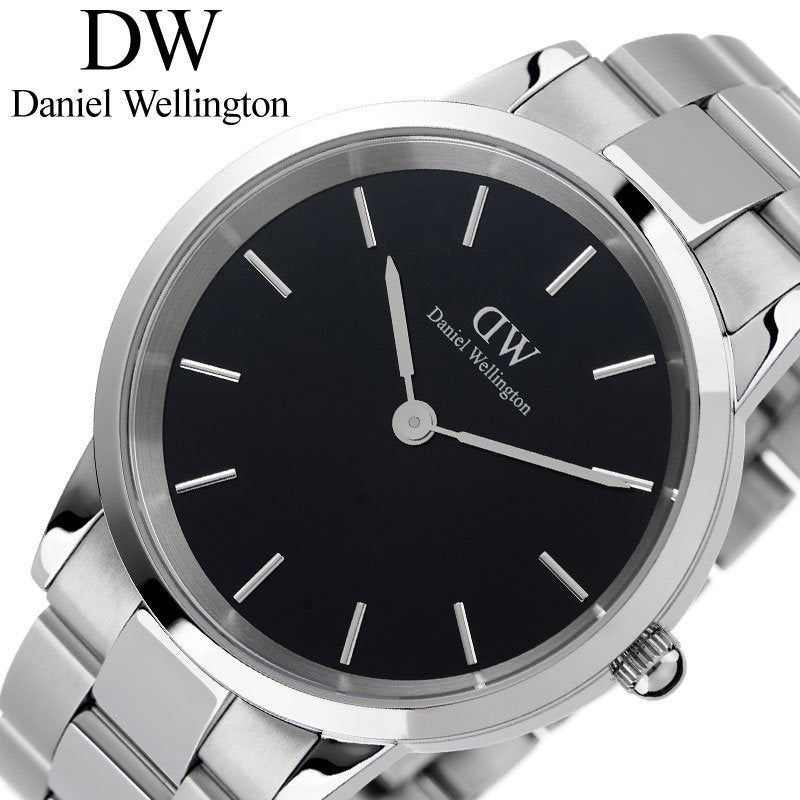 Daniel Wellington Iconic Link Black Dial Silver Steel Strap Watch For Women - DW00100342