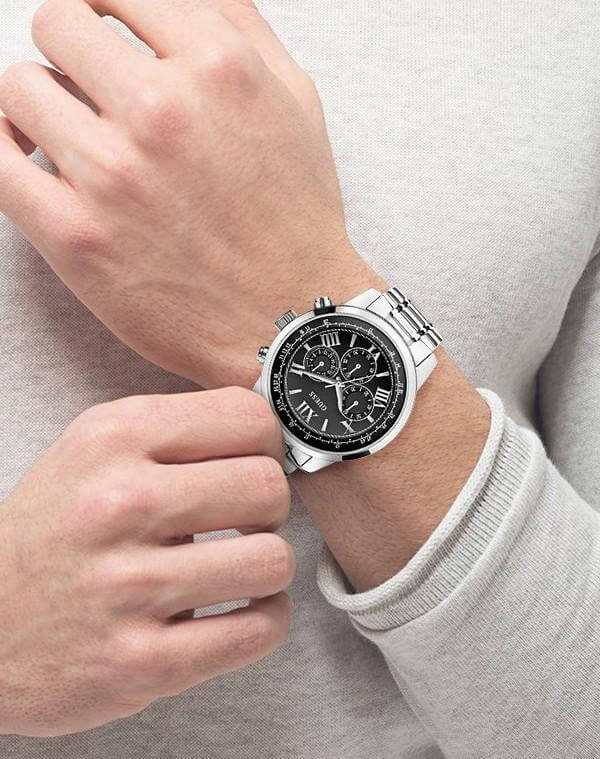 Guess Horizon Chronograph Quartz Black Dial Silver Steel Strap Watch For Men - W0379G1