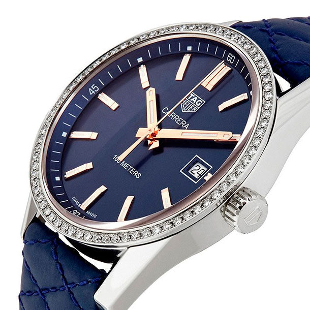 Tag Heuer Carrera Quartz Diamonds Blue Dial Blue Leather Strap Watch for Women - WAR1114.FC6391
