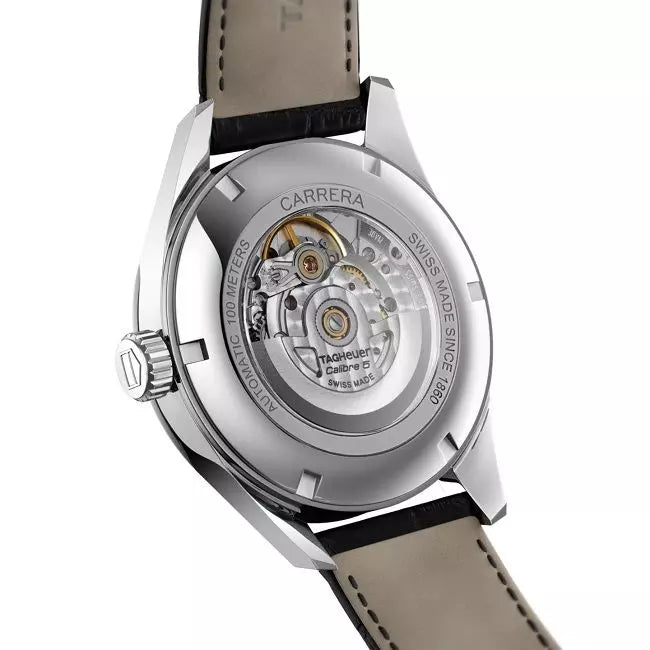 Tag Heuer Carrera Calibre 5 Automatic Black Dial Black Leather Strap Watch for Men - WAR201C.FC6266