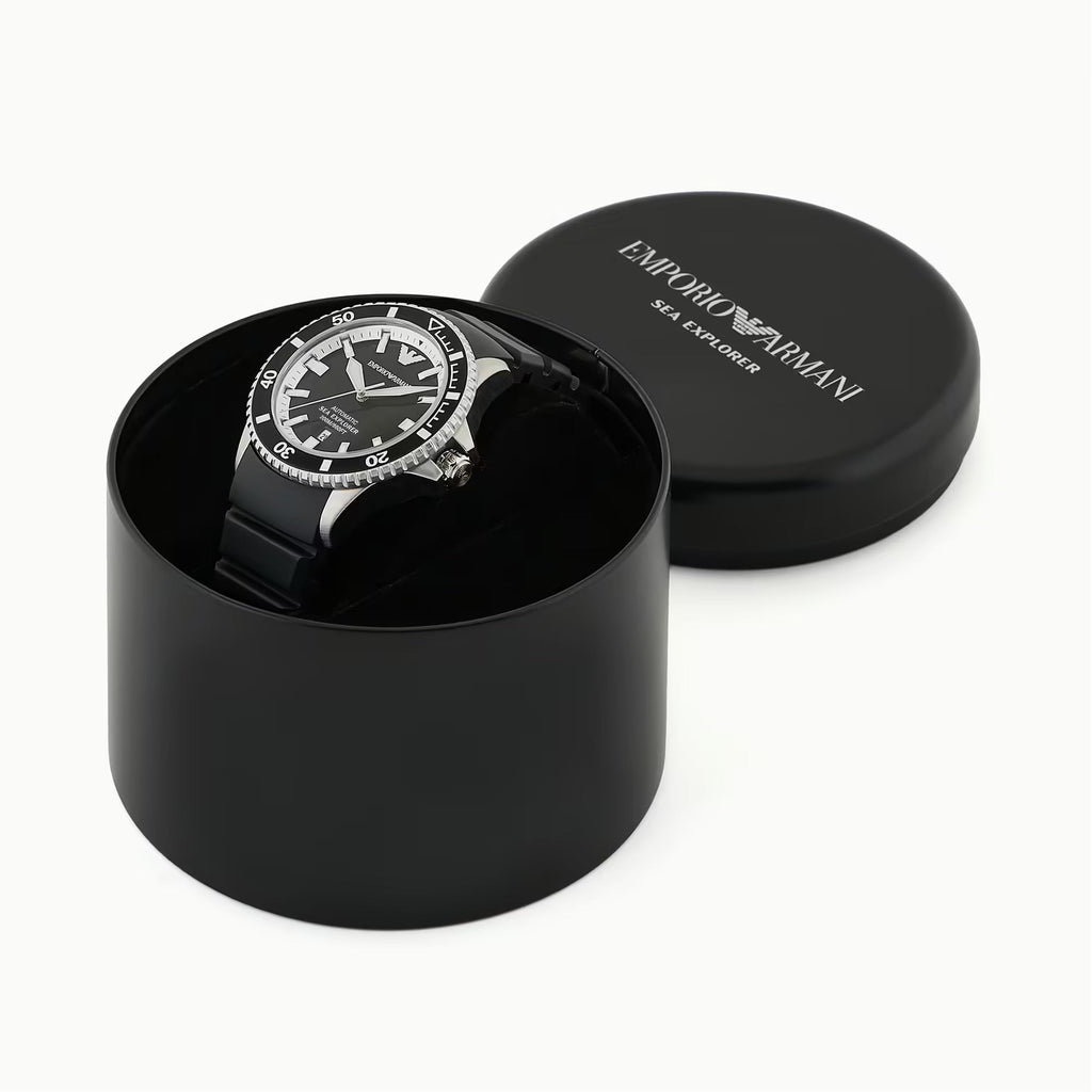 Emporio Armani Sea Explorer Automatic Black Dial Black Silicone Strap Watch For Men - AR60078