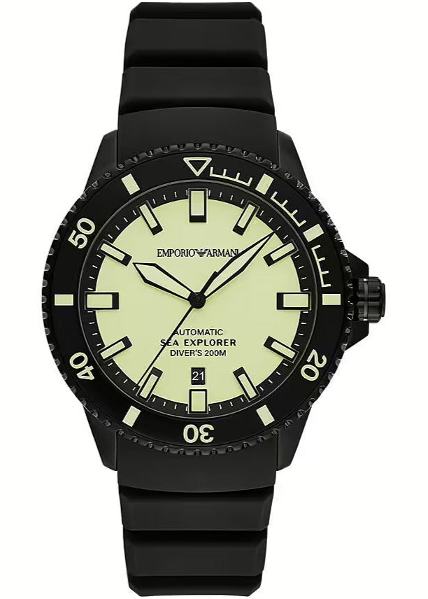 Emporio Armani Sea Explorer Automatic Yellow Dial Black Silicone Strap Watch For Men - AR60085