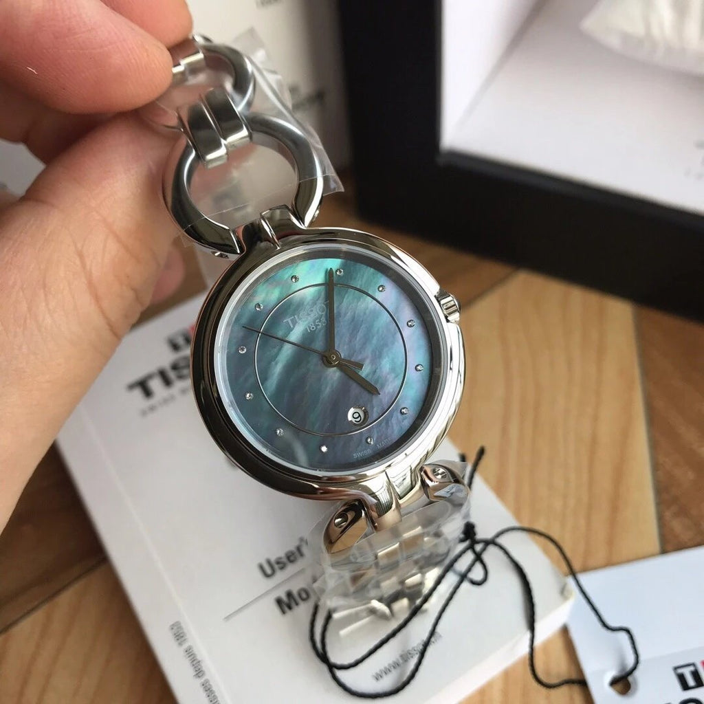 Tissot T Lady Flamingo Mother of Pearl Blue Dial Silver Steel Strap Watch for Women - T094.210.11.126.00