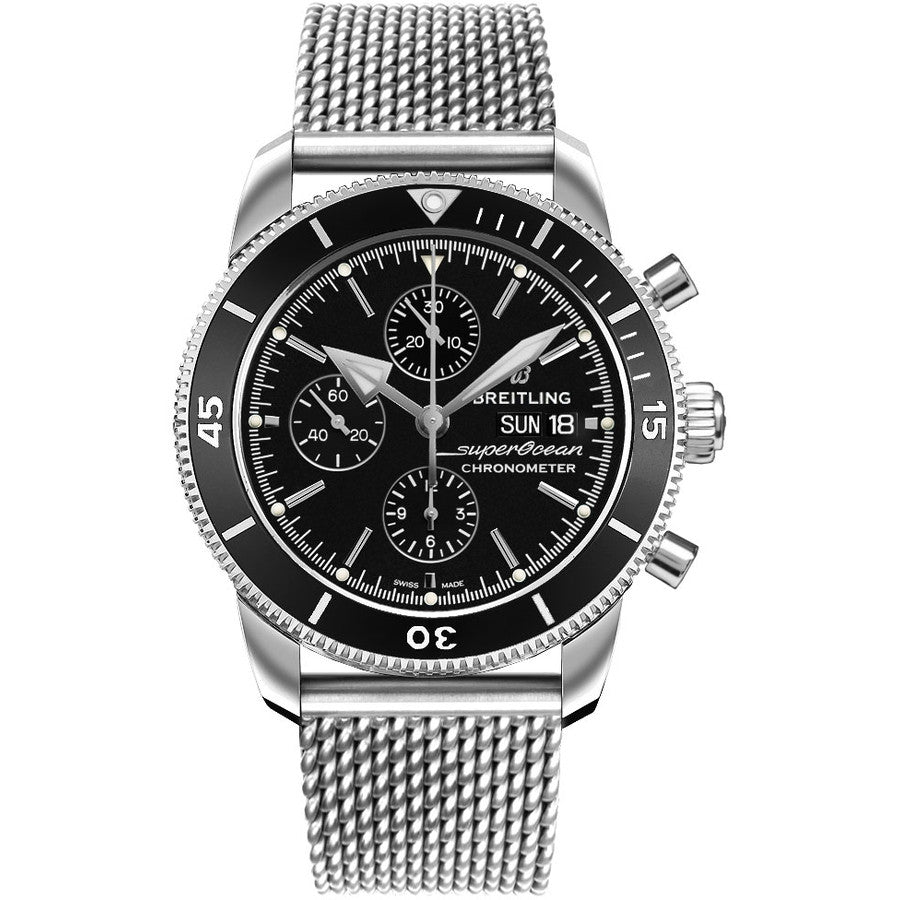 Breitling Superocean Heritage Chronograph 44 Black Dial Silver Mesh Bracelet Watch for Men - A13313121B1A1